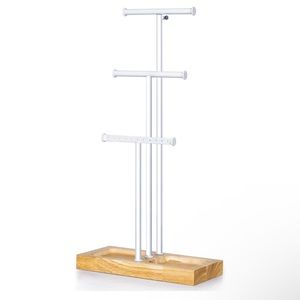 Jewelry Tree Stand White Metal and Wood Base Adjustable Height with Large Storag